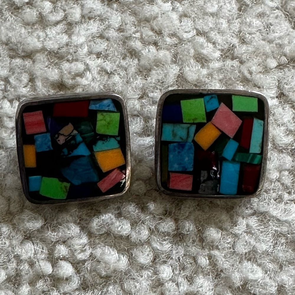 Vintage Mexico Sterling Silver 925 Colorful Mosaic Square Earrings